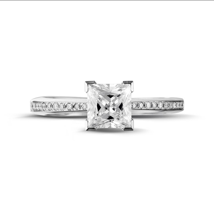 1.20 quilates anillo solitario en oro blanco con diamante talla princesa y diamantes laterales
