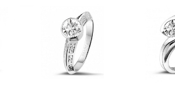 Tres anillos de diamante en oro blanco con diseño moderno, engaste solitario y pavé lateral.