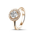1.50 quilates Halo anillo solitario en oro rojo con diamantes redondos