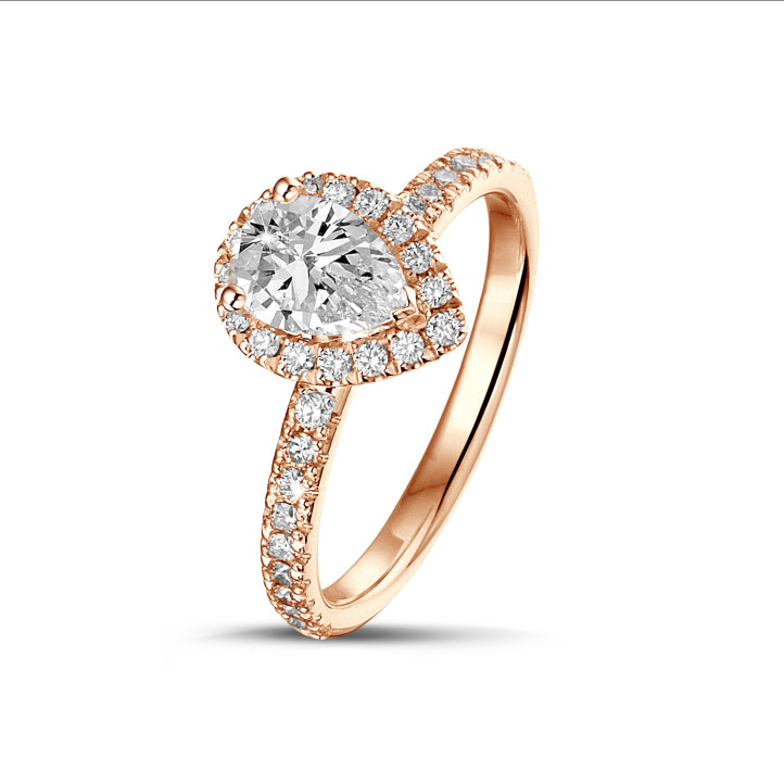 0.70 quilates anillo aureola en oro rojo con diamante en forma de pera