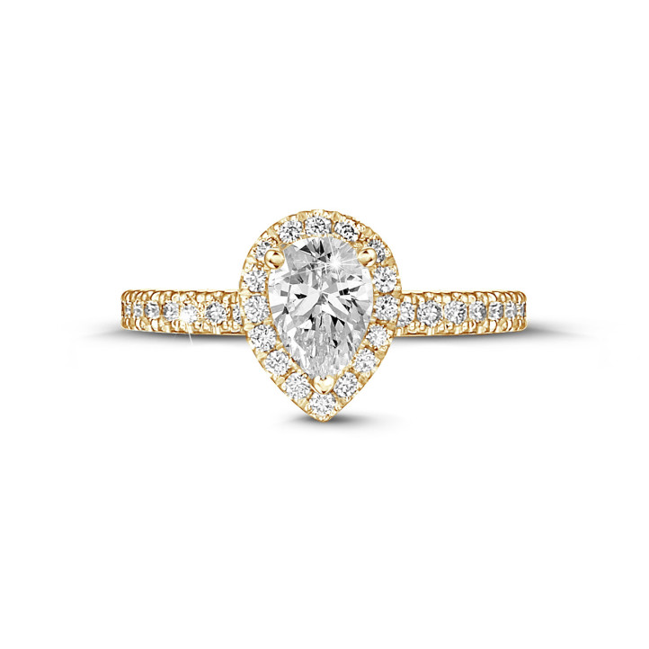 0.70 quilates anillo aureola en oro amarillo con diamante en forma de pera