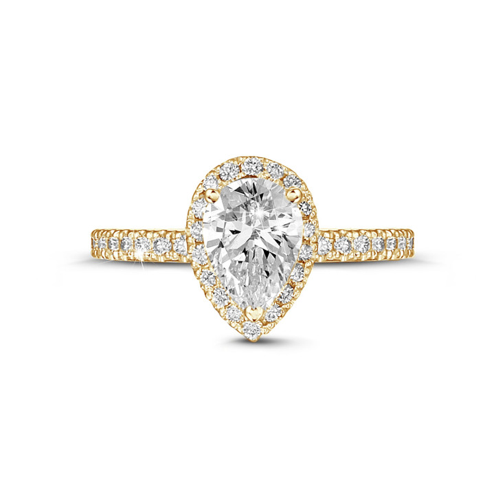 1.50 quilates anillo aureola en oro amarillo con diamante en forma de pera