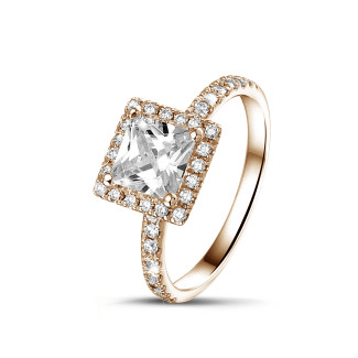 Compromiso - 1.00 quilateshalo anillo solitario diamante princesa en oro rojo con diamantes redondos