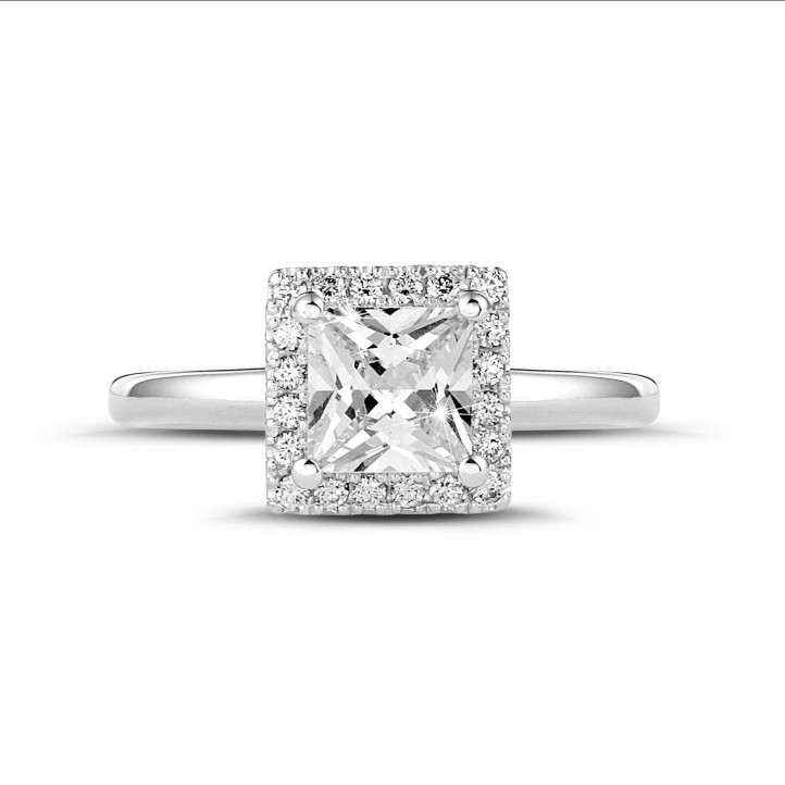 1.50 quilateshalo anillo solitario diamante princesa en oro blanco con diamantes redondos