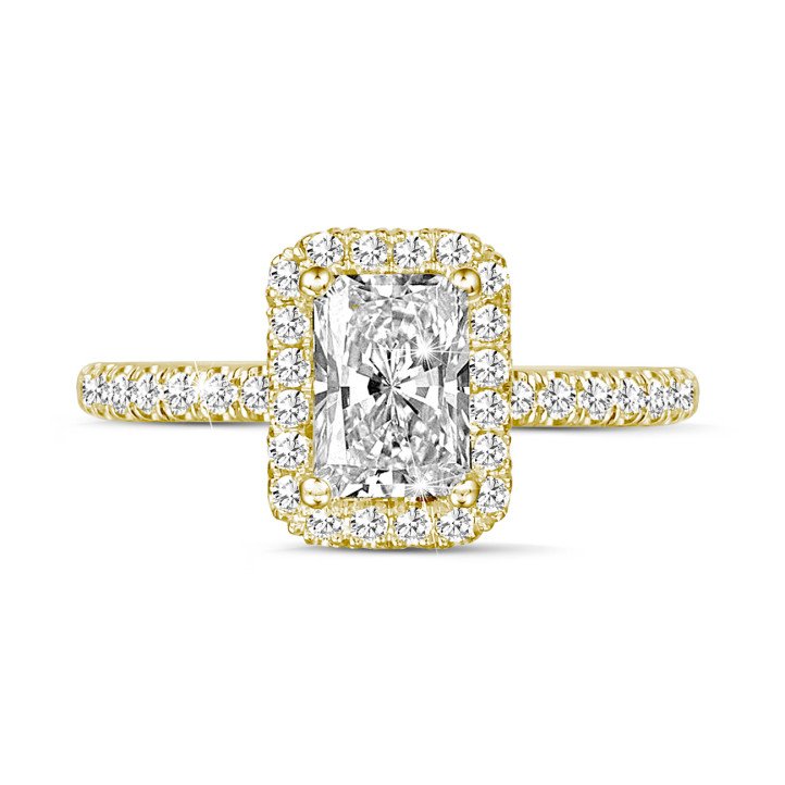 1.20 quilates halo anillo solitario con diamante de talla radiante en oro amarillo con diamantes redondos