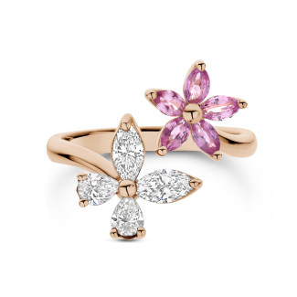 Anillos - Anillo combinado Flor y Mariposa con Diamantes y Zafiros Rosas en oro rojo