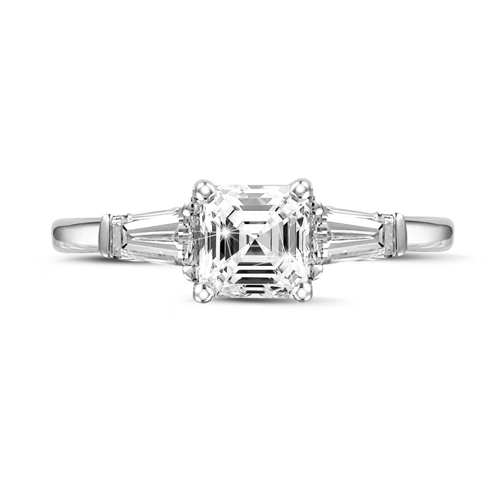 2.00 quilates anillo trilogía en platino con un diamante de corte asscher y baguettes cónicos