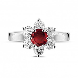 Compromiso - Anillo flor en Platino con rubí redondo y diamantes en los lados
