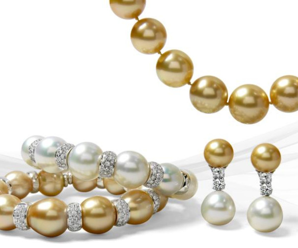 Conjunto de joyas con perlas doradas y blancas, diamantes y oro blanco: pulseras y pendientes elegantes