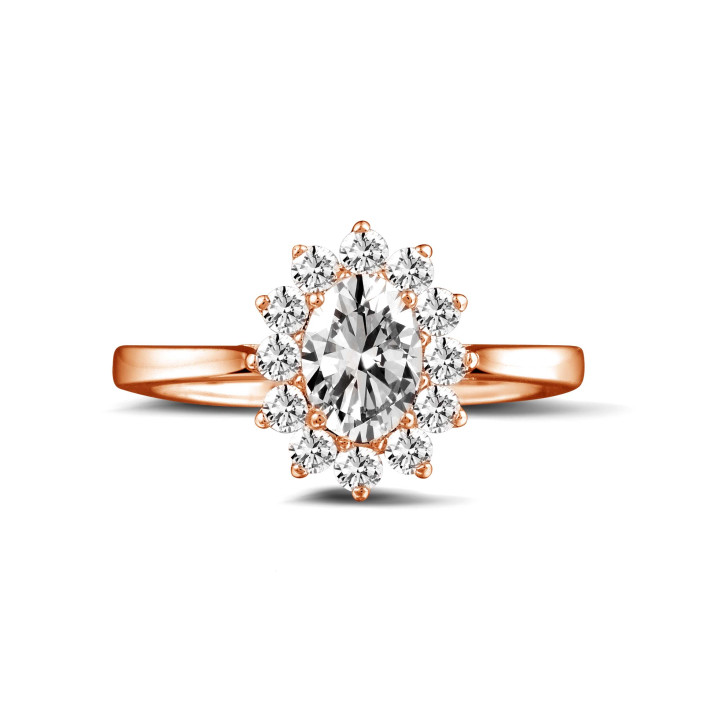 0.90 quilates anillo « entourage » en oro rojo con diamante ovalado