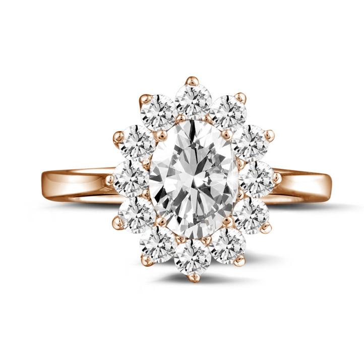 1.85 quilates anillo « entourage » en oro rojo con diamante ovalado