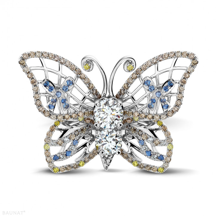Venta exclusiva de stock de BAUNAT (sin 30 días de devolución) - 1.75 quilates anillo mariposa diseño en oro blanco con diamantes color coñac y zafiro