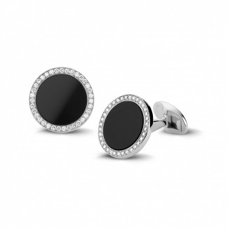 Boutons de Manchette - Boutons de manchette en or blanc avec onyx et diamants ronds