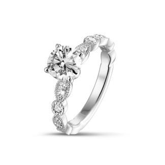 Bague solitaire - 1.00 carat bague solitaire combinable en or blanc avec un diamant rond et des diamants déco poire 