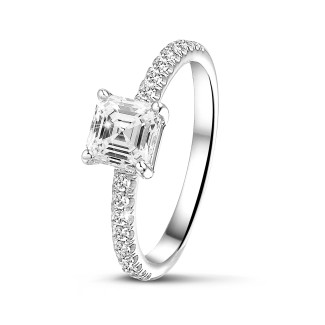 Fiançailles - 1.00 carats bague solitaire avec un diamant de taille Asscher en or blanc et diamants sur les côtés