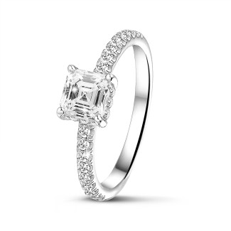 Fiançailles - 1.00 carats bague solitaire avec un diamant de taille Asscher et un halo caché en or blanc 