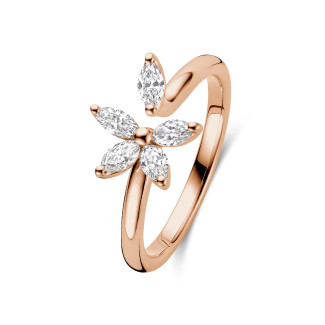 Bague Toi & Moi Flower avec pétales en diamant taille marquise en or rouge