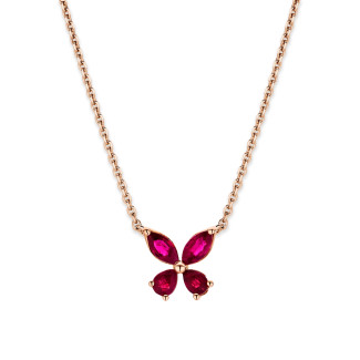 Colliers - Pendentif papillon en or rose, orné d’ailes en rubis rouge taille marquise.
