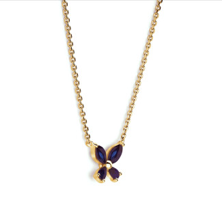 Colliers - Pendentif papillon en or jaune, orné d’ailes en saphirs bleus taille marquise.
