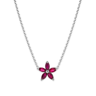 Colliers - Pendentif fleur en or blanc, orné de pétales en rubis rouge taille marquise.
