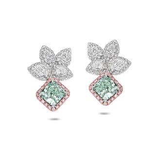 Unique en son genre – boucles d’oreilles en diamant vert de 3,37 carats en or blanc et rouge