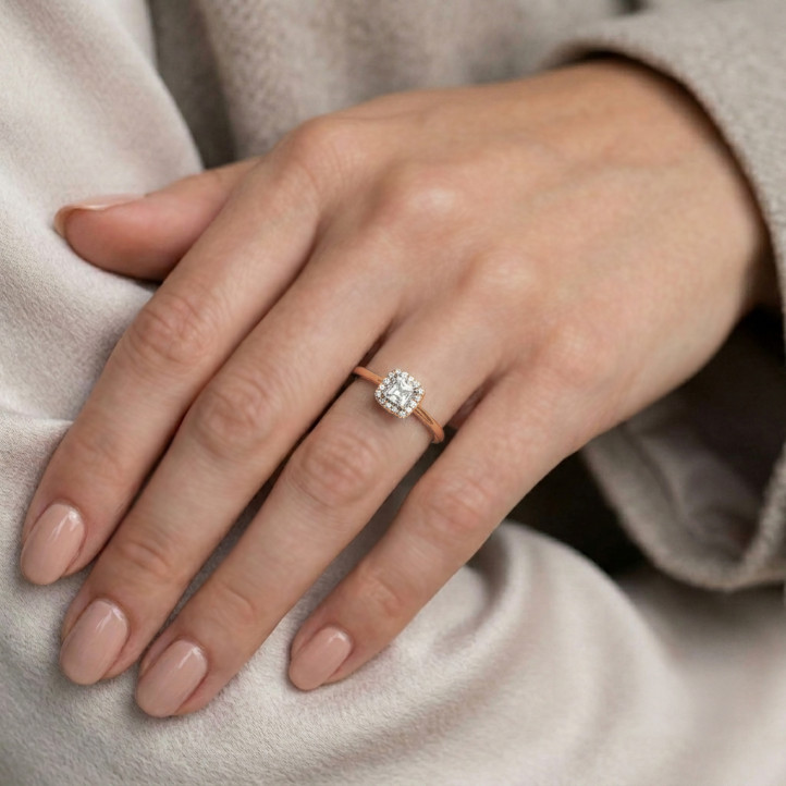 2.00 carats bague solitaire de type auréole avec un diamant de taille Asscher en or rouge et diamants ronds