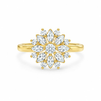Bague sur mesure à motif floral, sertie de diamants ronds et taille marquise en pavage.
