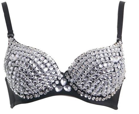 Soutien-gorge noir orné de cristaux dorés, avec bonnets entièrement pavés et fines bretelles.