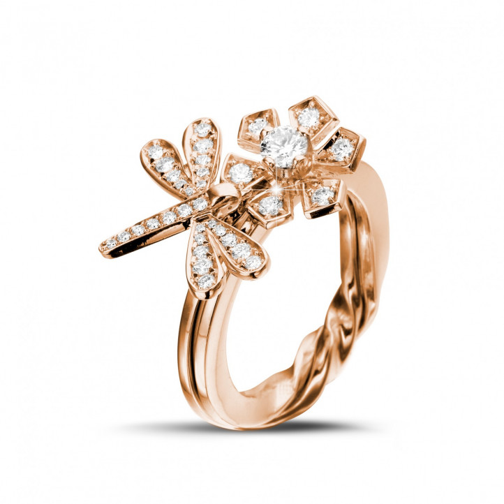 0.55 carat bague design fleur & libellule en or rouge et diamants