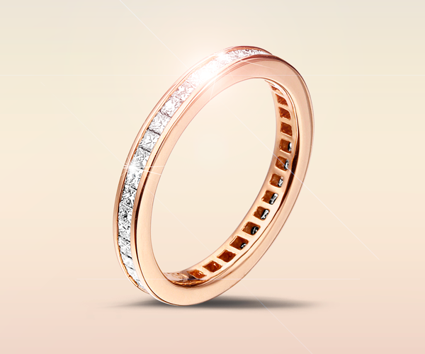 Alliance en or rose pavée de diamants, anneau fin au serti canal moderne