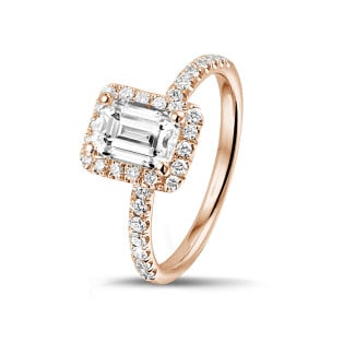 鑽石求婚戒指 - 1.00克拉Halo光環祖母綠切工圍鑲單鑽玫瑰金戒指