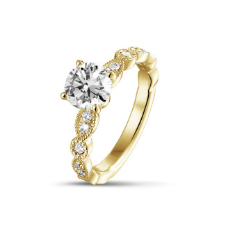 鑽石求婚戒指 - 1.00 克拉黃金單鑽可疊戴鑽戒，鑲嵌圓形鑽石和欖尖形設計