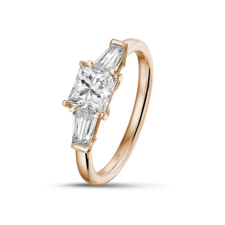 1.00 克拉玫瑰金三鑽戒指，鑲嵌公主方鑽和梯形鑽石