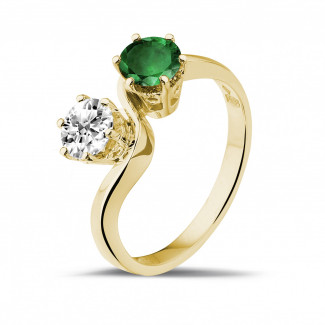 金求婚戒指 - 你和我1.00克拉雙宿雙棲祖母綠寶石黃金鑽石戒指