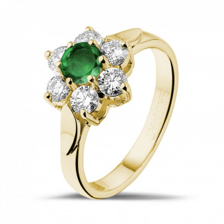 鑽石戒指 - 花之戀圓形祖母綠寶石黃金鑽石戒指
