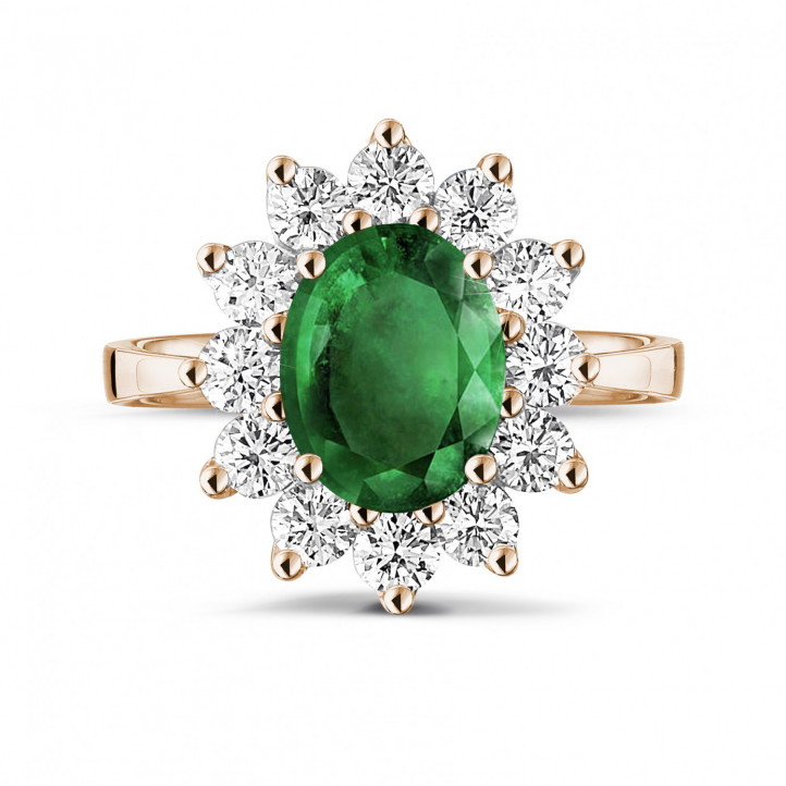 玫瑰金祖母綠寶石群鑲鑽石戒指