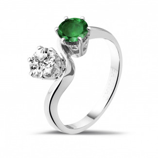 鑲嵌紅寶石、藍寶石和祖母綠的鑽石珠寶 - 你和我1.00克拉雙宿雙棲祖母綠寶石鉑金鑽石戒指