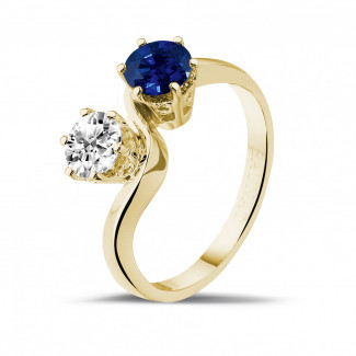 圓形鑽石戒指 - 你和我1.00克拉雙宿雙棲 藍寶石黃金鑽石戒指