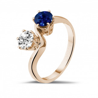鑽石戒指 - 你和我1.00克拉雙宿雙棲 藍寶石玫瑰金鑽石戒指