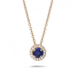 鑽石項鍊 - 0.50 克拉Halo光環藍寶石玫瑰金鑲鑽項鍊