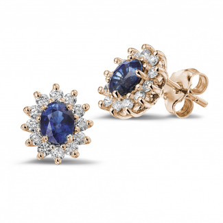 鑲嵌紅寶石、藍寶石和祖母綠的鑽石珠寶 - 玫瑰金橢圓形藍寶石耳環釘