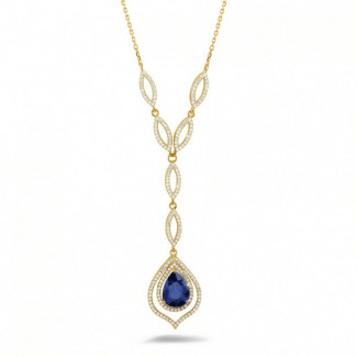 鑲嵌紅寶石、藍寶石和祖母綠的鑽石珠寶 - 約4.00 克拉梨形藍寶石黃金鑽石項鍊