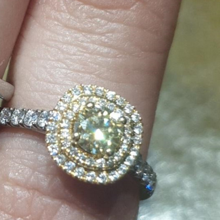 Elaine Grifin 1.50 carat halo cushion cut diamond ring in white gold