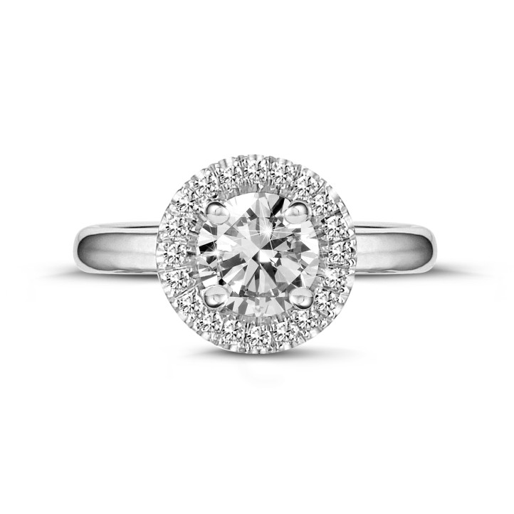 0.90 carat solitaire halo ring in platinum with round diamonds