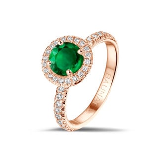 Anelli - Anello solitario Halo in oro rosso con smeraldo rotondo e piccoli diamanti