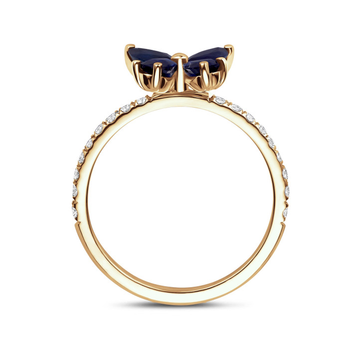 Anello a farfalla con ali in zaffiro blu taglio marquise e pera