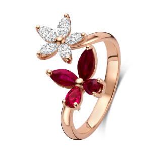 Anello combinato con fiori e farfalle con diamanti e rubini in oro rosso