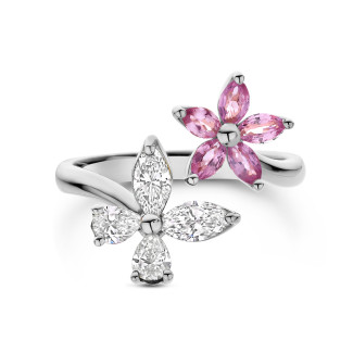 Anelli - Anello combinato con fiori e farfalle con diamanti e zaffiri rosa in oro bianco