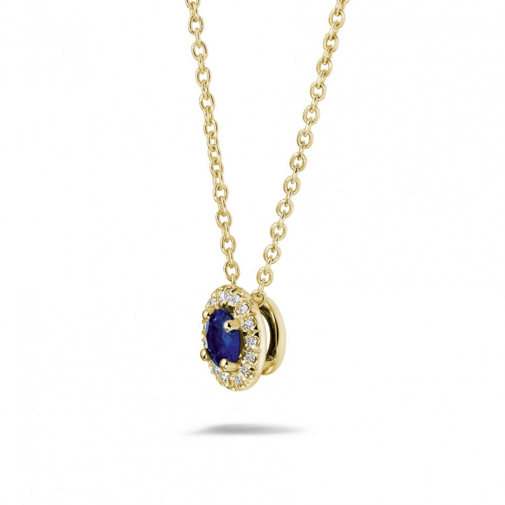 Collana Halo in oro giallo con zaffiro centrale e diamanti rotondi