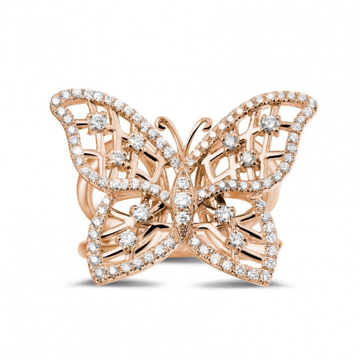 Anello con diamante da 0,75 carati con design a farfalla in oro rosso